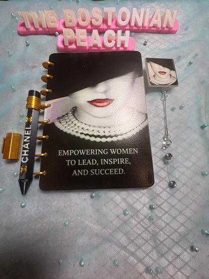 Empowering Women Gift Set – Custom Discbound Notebook, Pen, & Matching Badge Reel | Chic Executive Office Stationery